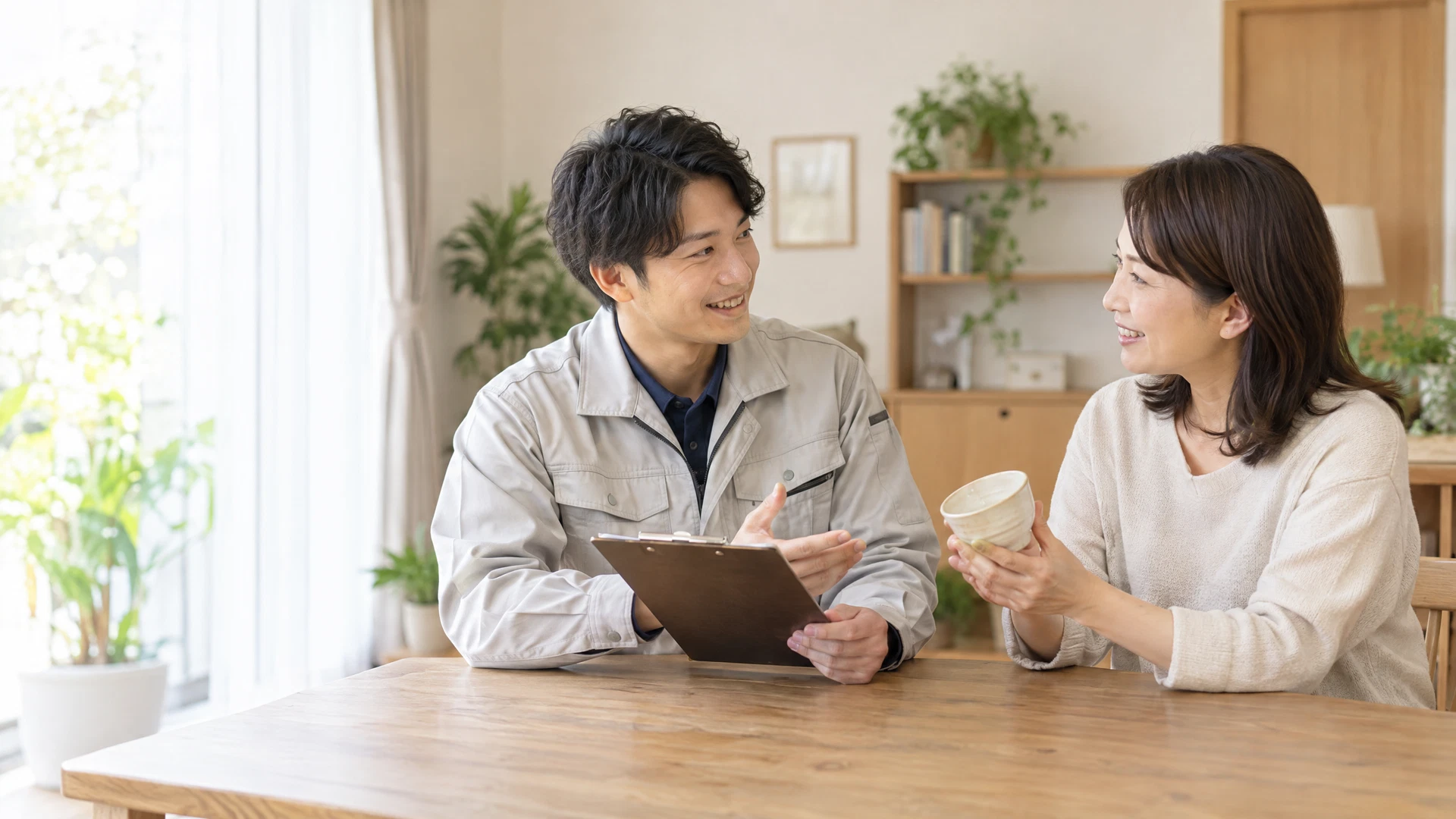 リユーススタッフと利用者が、自宅で品物について相談している様子