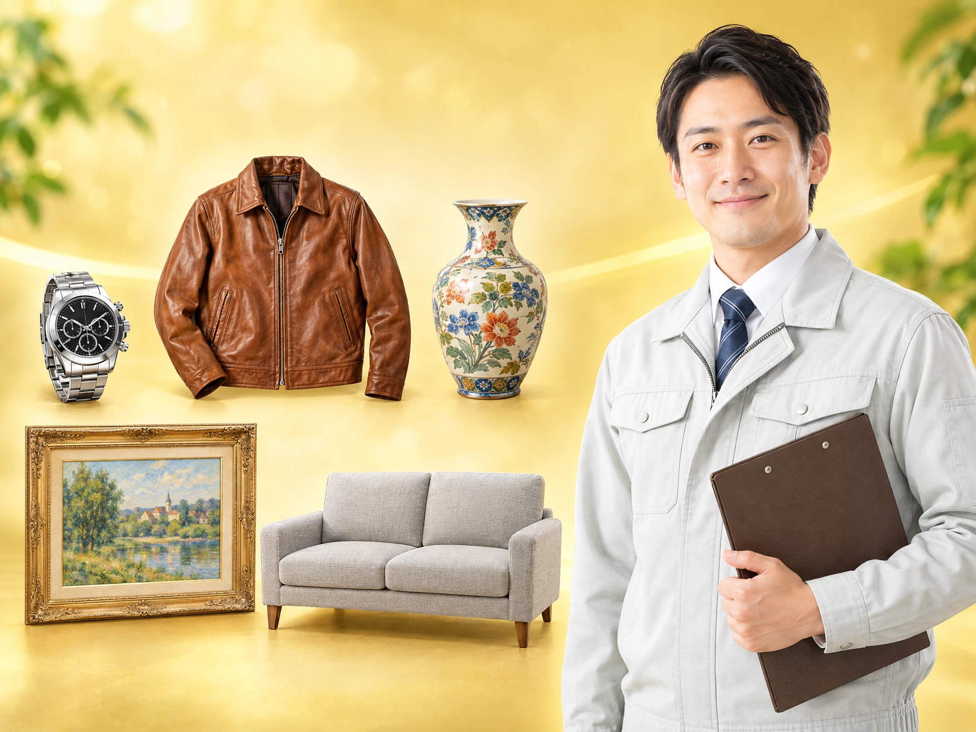 出張買取の査定員と時計・革ジャン・陶器・絵画・ソファのイメージ